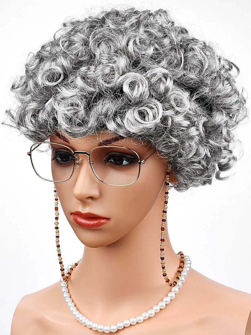 HESTYA 6 Pieces Grandma Costume Wig Old Lady Wig Halloween Cosplay Accessories for Dress up(Style Set 3) - Image 2